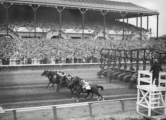 horses on the starting line at rockingham racetrack picture is a black and white photo
